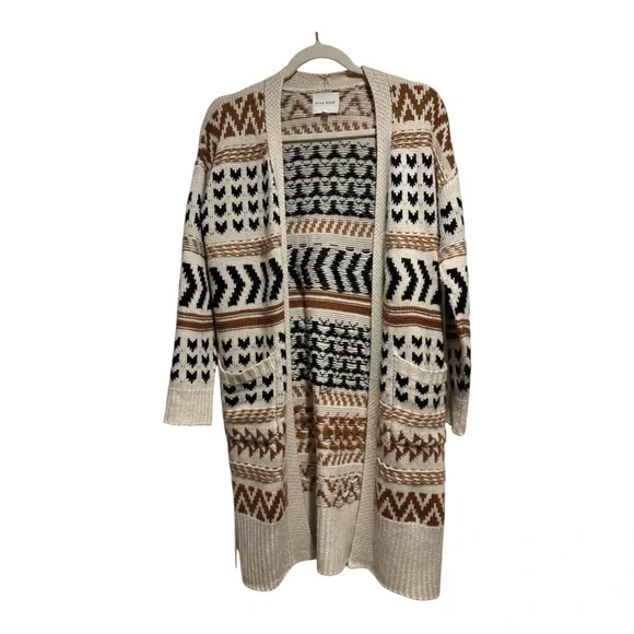 Pink Rose Boho Aztec Long Open Cardigan Cozy Fall Sweater Size S - Picture 3 of 6